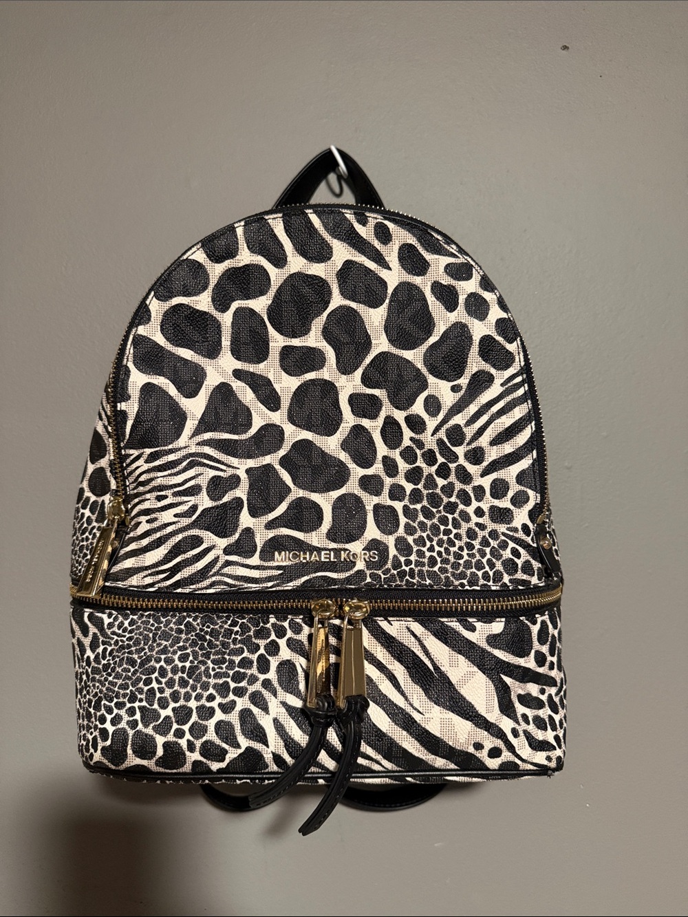 Michael Kors Black & White Animal-Print Mini Backpack